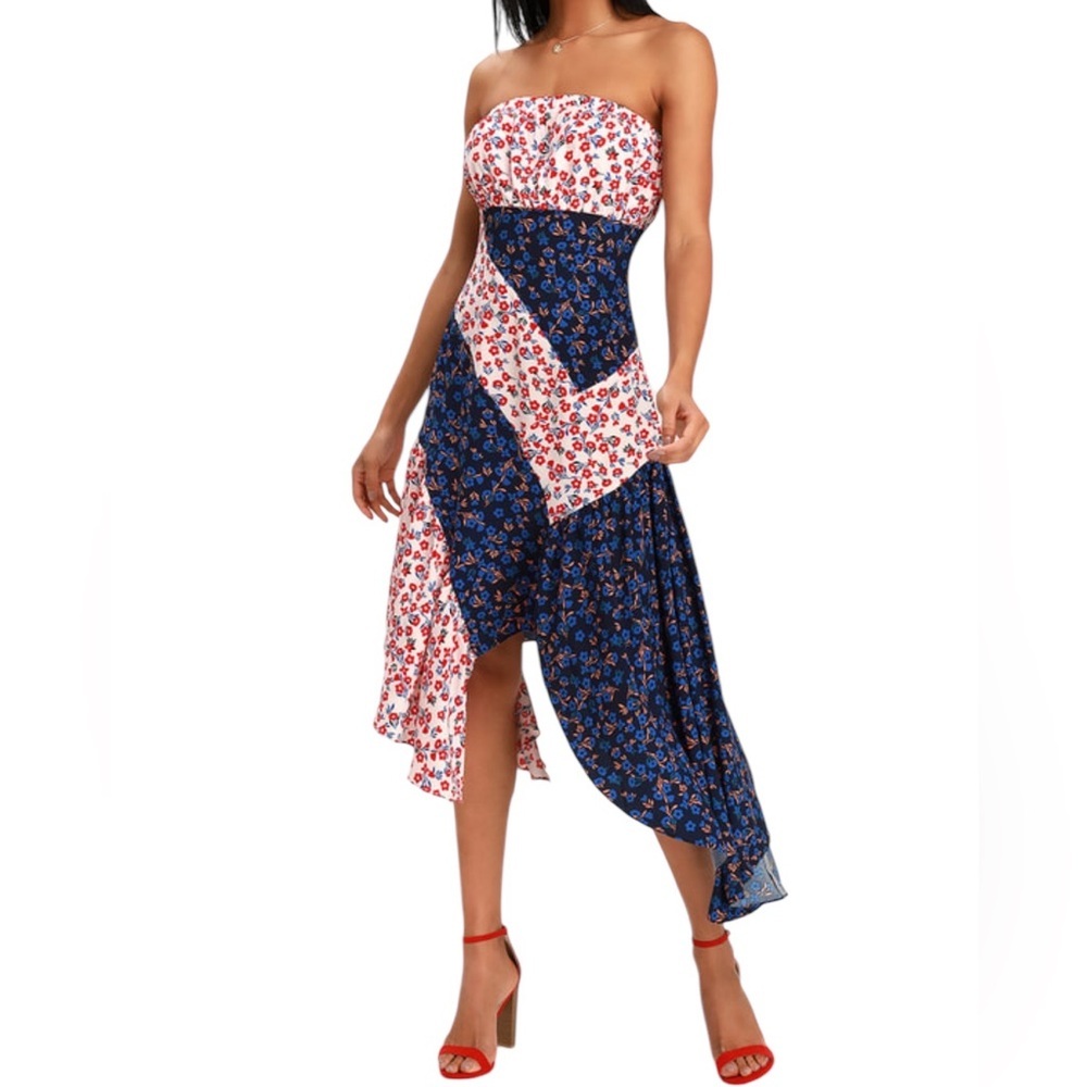 Lulu's Strapless Mixed Floral Midi Dress in Navy & White with Red Accents